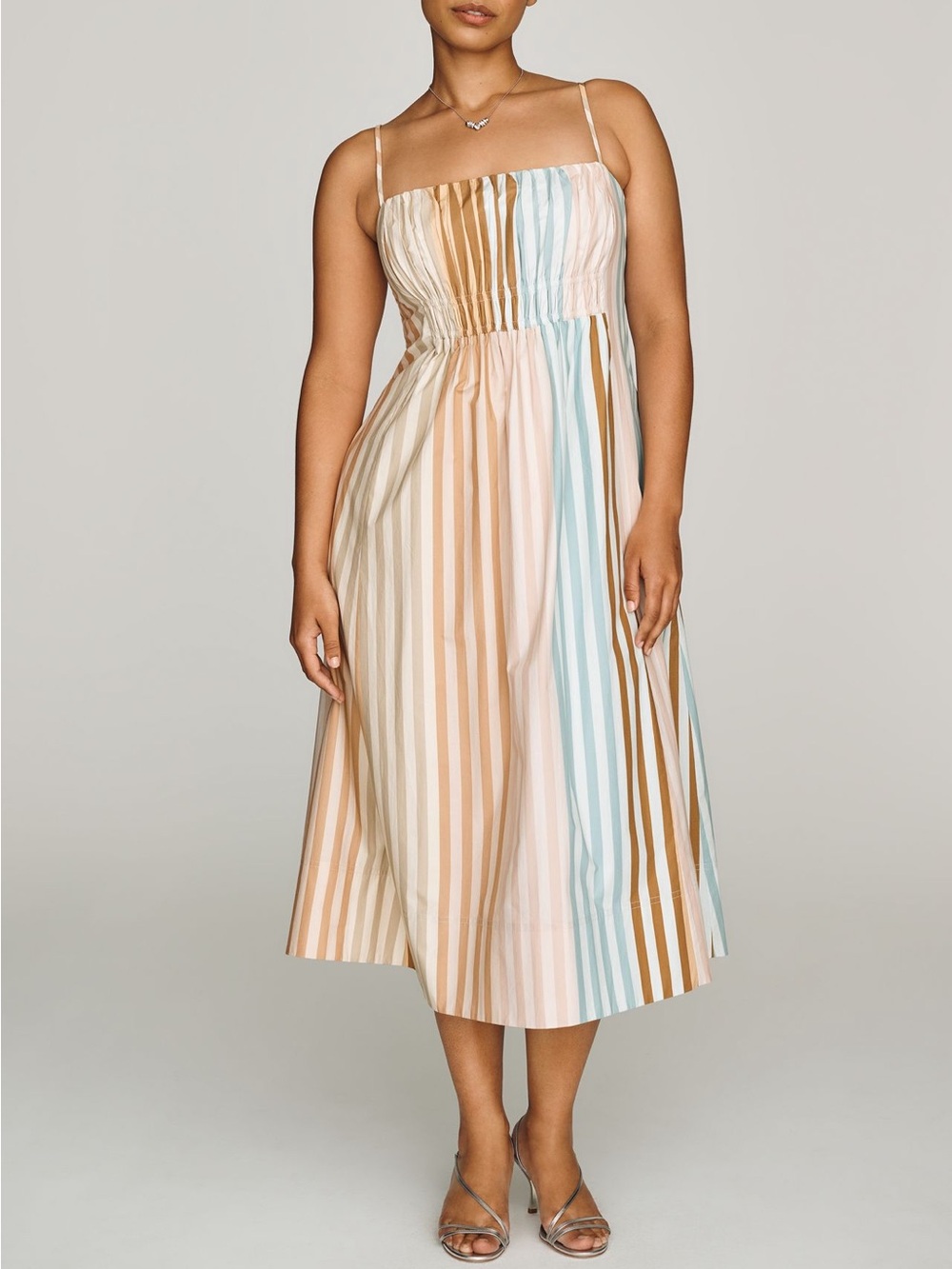Maeve Beige and Cream Striped Sleeveless Midi Dress - Picture 2 of 6